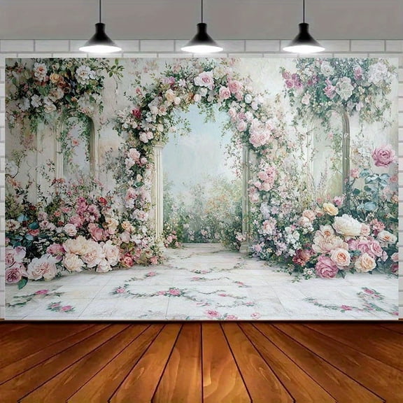 Romantic Floral Arch Wedding Backdrop Oil Painting Pink Roses Greenery Bridal Shower Columns Flower Garden Path Wedding Engagement Party Decorations Banner Supplies Photo Booth Props