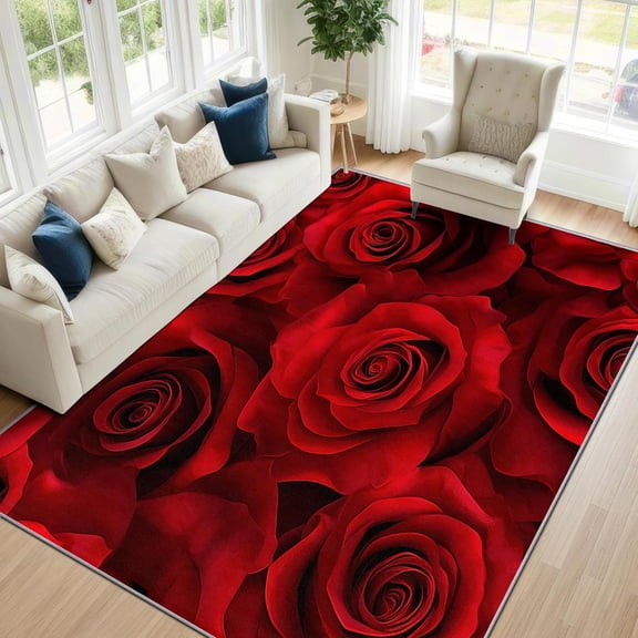 Romantic Floral Area Rugs, Red Rose Pattern Carpet, Washable Non Slip Low Pile Soft Rug for Living Room Bedroom Decor Mat 2x3ft
