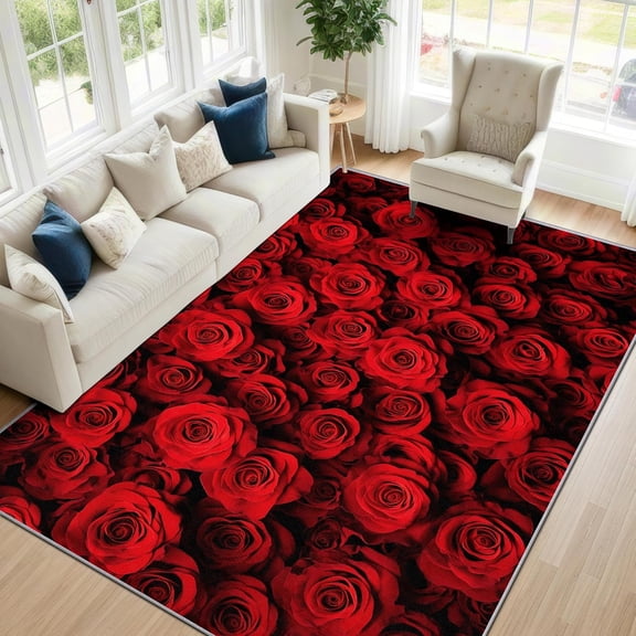Romantic Floral Area Rugs, Red Rose Pattern Carpet, Washable Non Slip Low Pile Soft Rug for Living Room Bedroom Decor Mat 2x3ft