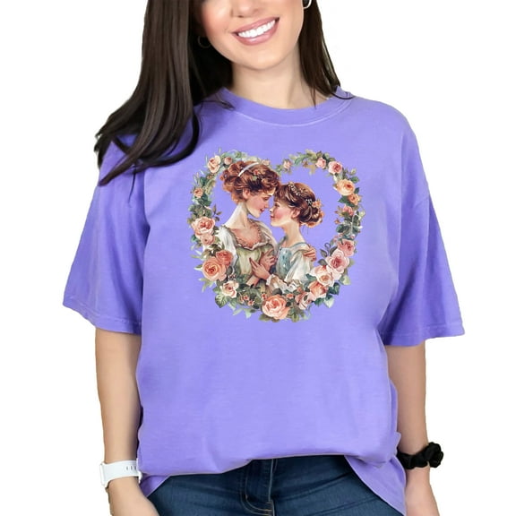 Romantic Floral Art T-Shirt, Vintage Style Illustration Tee, Whimsical Garden Apparel, Feminine Floral Heart Design Shirt, Violet Comfort Colors T-Shirt, Medium