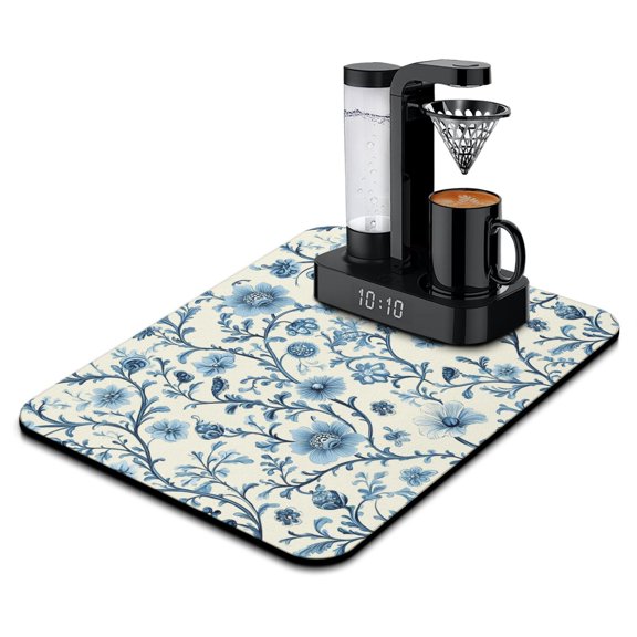 Romantic Floral Dish Drying Mat, Absorbent Vintage Coffee Bar Mat, Botanical Kitchen Counter Protector
