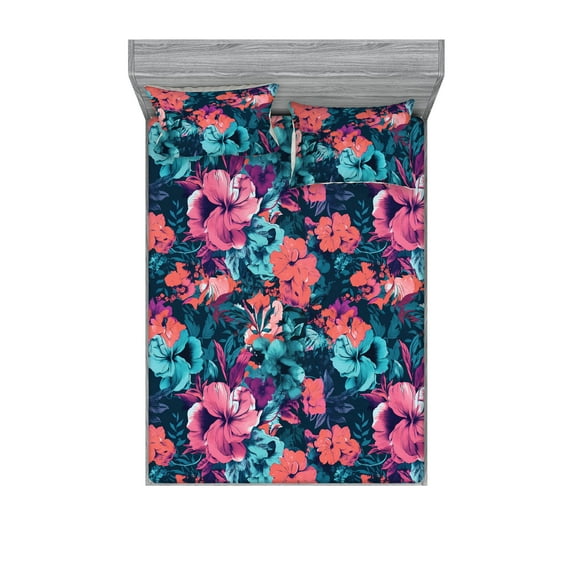Romantic Floral Fitted Sheet & Pillow Sham Set, Anime Looking Dreamy Flowers Boho with Cold Colors Petals Print, Decorative Printed 3 Piece Bedding Decor, Full, Coral Pale Turquoise, by Ambesonne