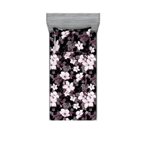 Romantic Floral Fitted Sheet & Pillow Sham Set, Dreamy Japanese Vibes Apple Flowers with Purplish Leaves Art, Decorative Printed 2 Piece Bedding Decor, Twin, Pale Mauve Plum Pale Grey, by Ambesonne