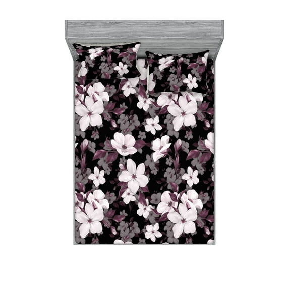 Romantic Floral Fitted Sheet & Pillow Sham Set, Dreamy Japanese Vibes Apple Flowers with Purplish Leaves Art, Decorative Printed 3 Piece Bedding Decor, Queen, Pale Mauve Plum Pale Grey, by Ambesonne