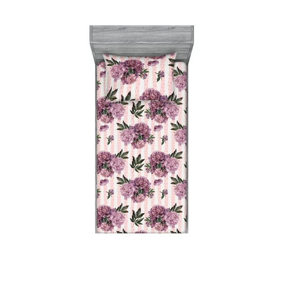 Romantic Floral Fitted Sheet & Pillow Sham Set, Peony Flowers Pattern with Leaves Greenery on Striped Back, Decorative Printed 2 Piece Bedding Decor, Twin, Pale Lilac and Forest Green, by Ambesonne