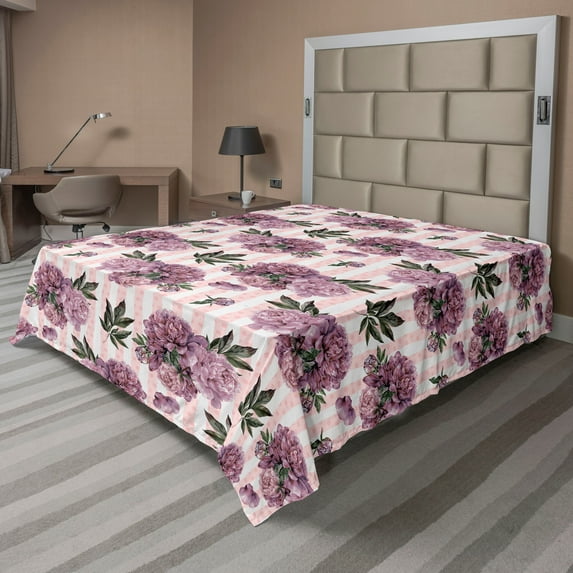 Ambesonne Romantic Floral Flat Bedding Sheet Soft Top Sheet, Peony Flowers Print, King, Pale Lilac and Forest Green