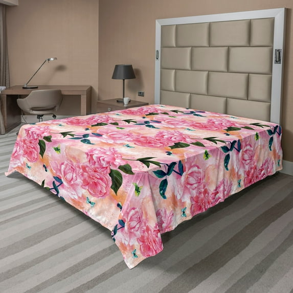 Ambesonne Romantic Floral Flat Bedding Sheet Soft Top Sheet, Romantic Flowers, Queen, Coral Pink and Peach