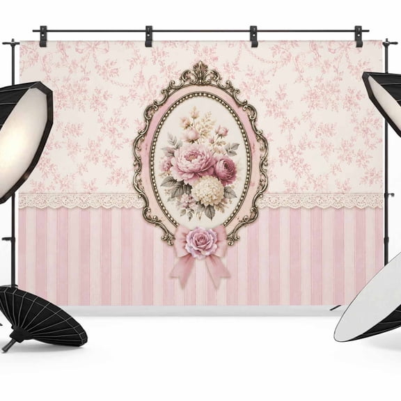 Romantic Floral Frame Backdrops for Photography, Classic Pink Floral Stripes Fabric Photo Background Sturdy Studio Props for Photo Studio, Video Recording, Booth & Photoshoot 7x5ft