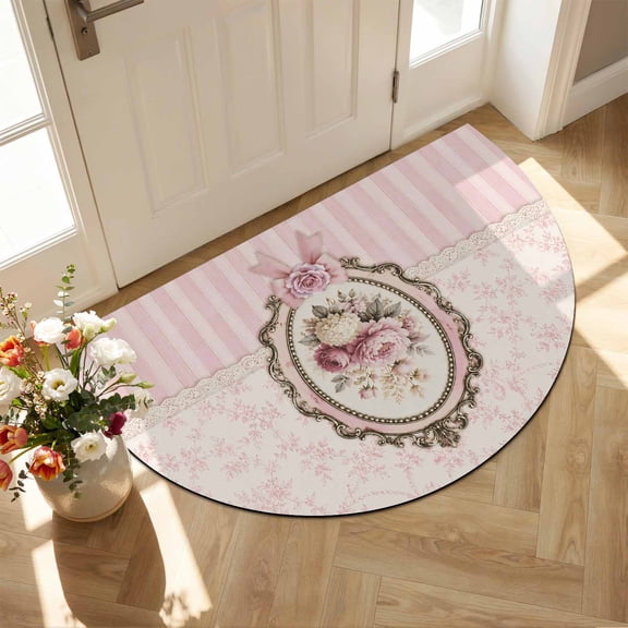 Romantic Floral Frame Half Circle Door Mat Front Door Mat, Classic Pink Floral Stripes Non Slip Washable Doormats Entrance Rugs Absorbent Welcome Low Profile Floor Mats for Indoor, 16" x 24"
