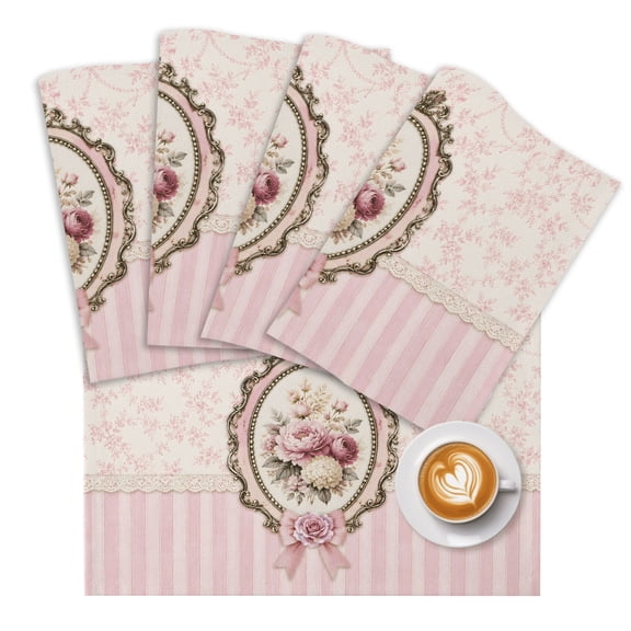 Romantic Floral Frame Placemats Set of 2 Classic Pink Floral Stripes Cloth Place Mats Washable Table Mats for Party Kitchen Dining Decoration, 13 X 19 Inch