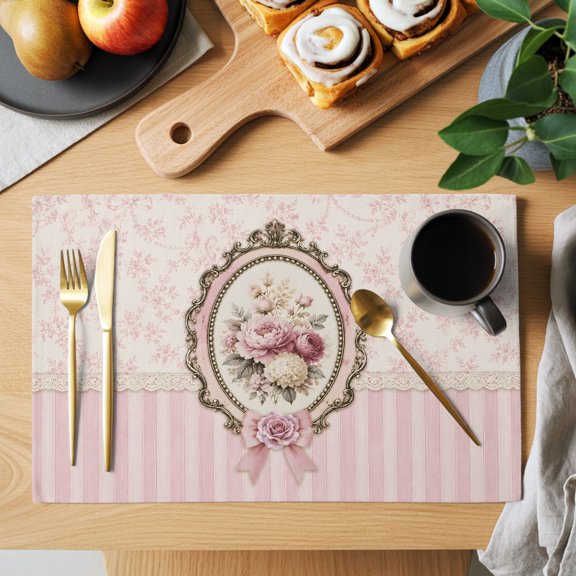 Romantic Floral Frame Placemats Set of 2, Classic Pink Floral Stripes Heat Insulated Linen Place Mats, Washable Stain-Proof Table Mats for Dining Tables Holiday Decor 13x19 Inches