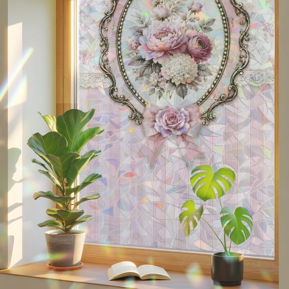 Romantic Floral Frame Window Privacy Film, Classic Pink Floral Stripes Stained Glass Rainbow Film Decorative Window Clings, Static Cling Sun Blocking Stickers 19.6" x 39.3"