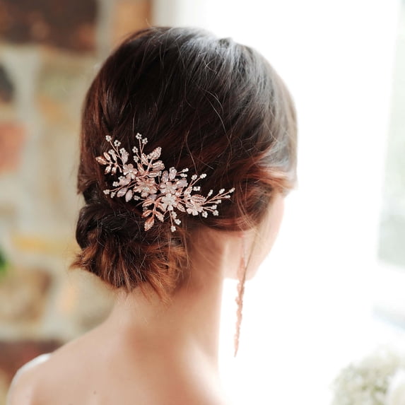 MIALLO Romantic Floral Hair Side Comb for Wedding Prom - Hand-wired Rhinestone & Pearl Hair Accessory