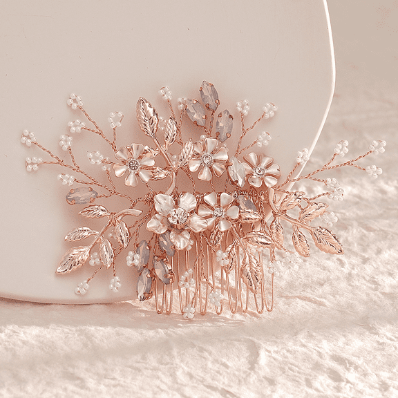 MIALLO Romantic Floral Hair Side Comb for Wedding Prom - Hand-wired Rhinestone & Pearl Hair Accessory