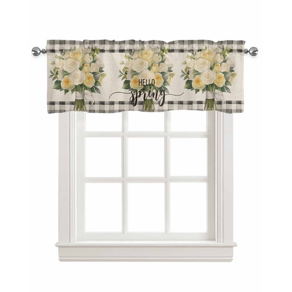 Romantic Floral Linen Curtain Valance for Bedroom/Bathroom/Kitchen/Office/Living/Dining Room Window,Vintage Botanical Plant Check Rod Pocket Topper Decorative Cafe Drapes Panel 60"x18"