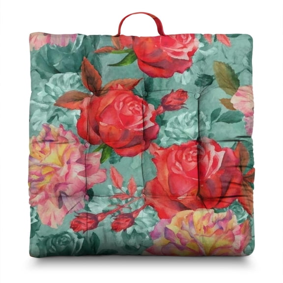 Romantic Floral Meditation Seat - Extra-Thick Square Cushion with Tropical Botanical Design