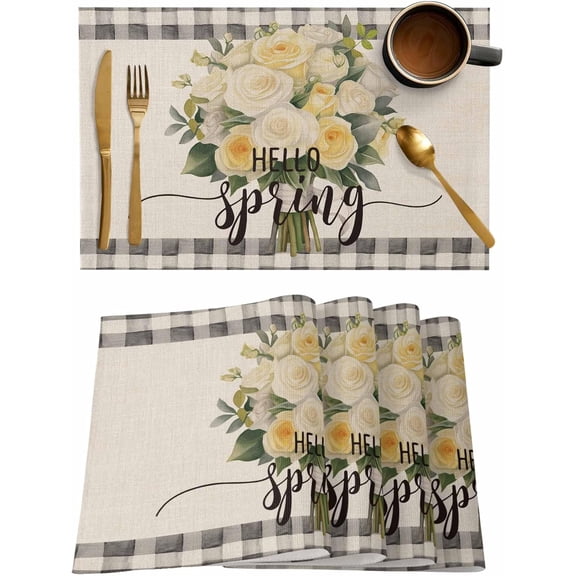 Romantic Floral Placemats Set of 4, Washable Woven Burlap Cloth Fabric Placemat for Square/Rectangle/Round/Oval Dining Table, Easy Clean Place Mats for Toddlers, Kids Vintage Botanical Plant Check