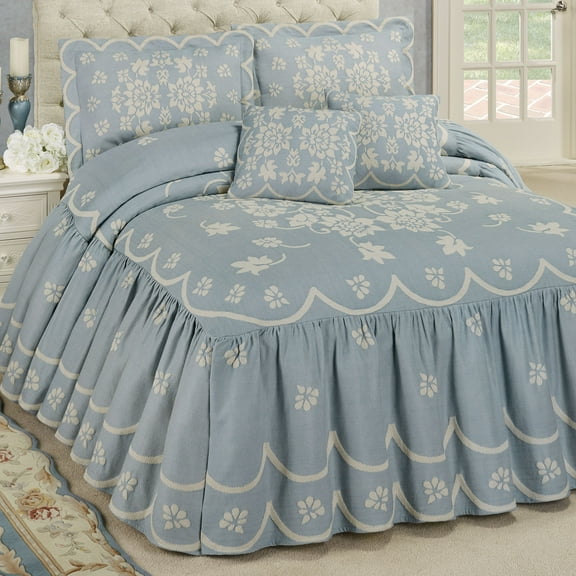 Romantic Floral Primrose Oversized Grande Sterling Blue Flounce Style Bedspread Set Queen