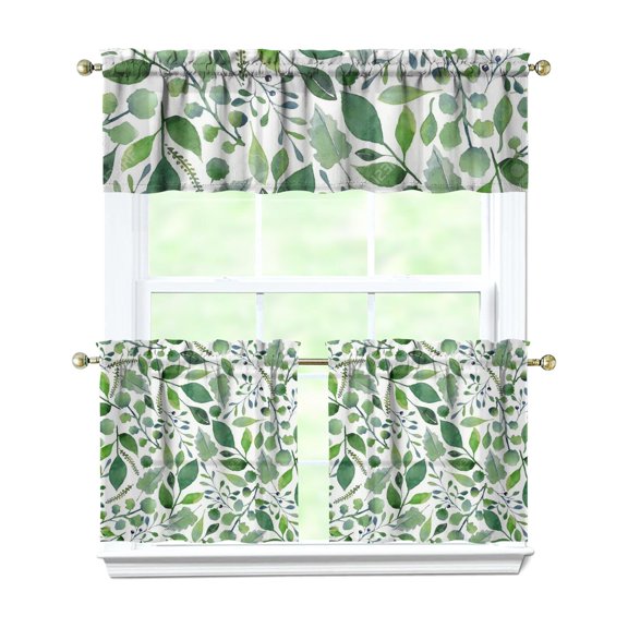 Romantic Floral Print Kitchen Curtains Set - 3 PC Semi-Sheer Tier Curtains