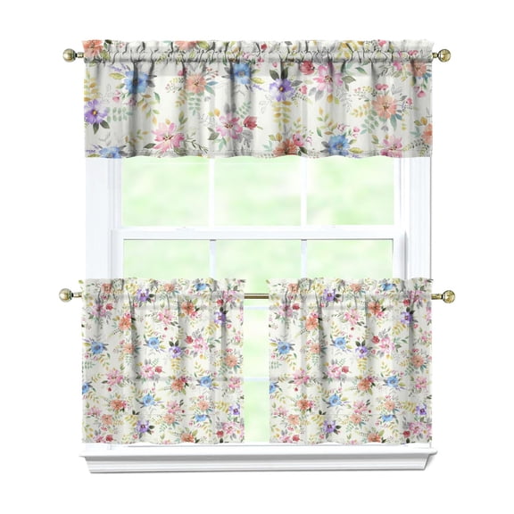 Romantic Floral Print Kitchen Curtains Set - 3 PC Semi-Sheer Tier Curtains