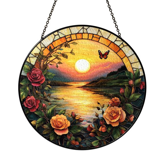 Romantic Floral Rose Butterfly Glass Suncatcher Window Decor Charming Home Decoration