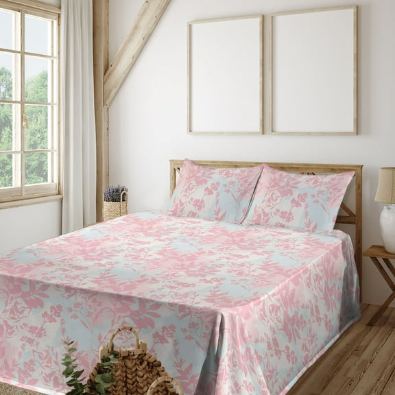 Ambesonne Romantic Floral Fitted & Flat Sheet with Shams 4 Pcs Set, Botanical Blush Art, King, Pastel Pink Soft Blue