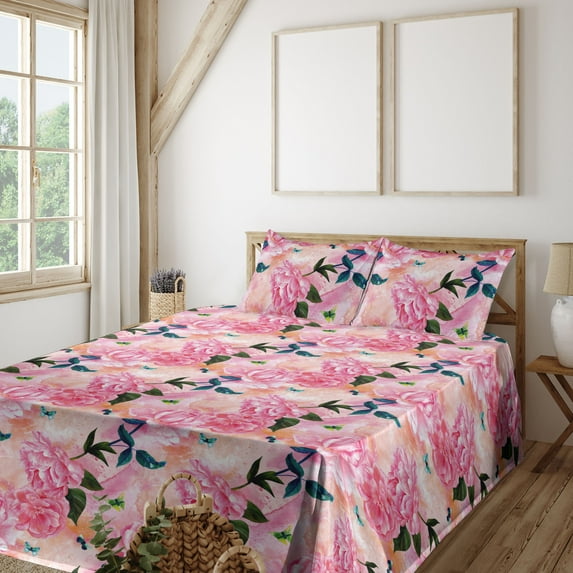 Ambesonne Romantic Floral Fitted & Flat Sheet with Sham 3 Pcs Set, Romantic Flowers, Twin, Coral Pink and Peach