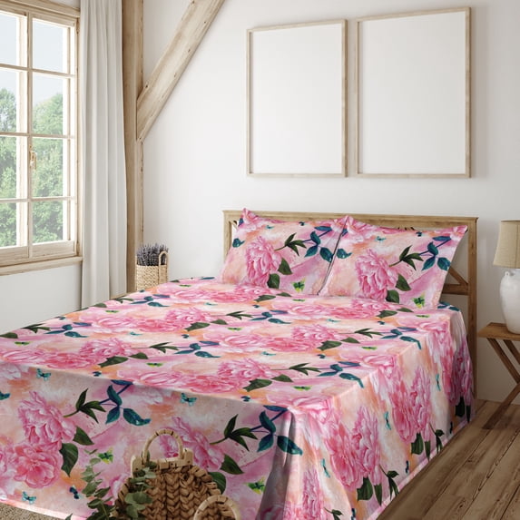 Ambesonne Romantic Floral Fitted & Flat Sheet with Shams 4 Pcs Set, Romantic Flowers, Full, Coral Pink and Peach