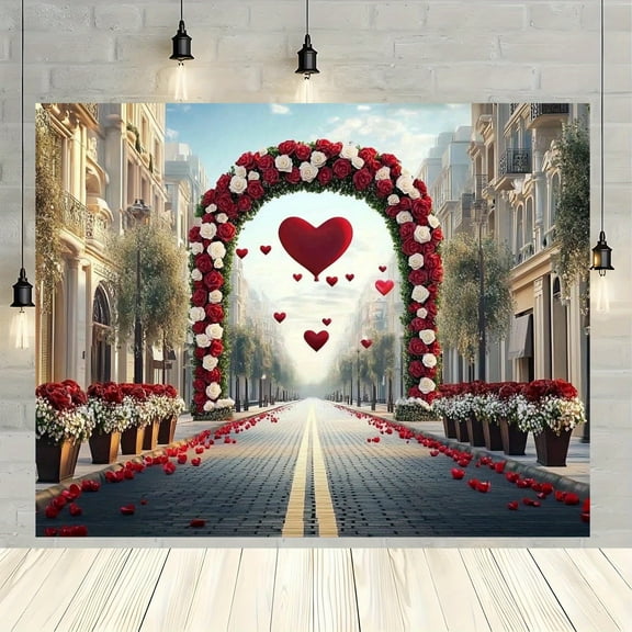 Romantic Floral Valentine Backdrop White Red Rose Arch Wedding Photography Background Red Heart Balloons Valentine's Party Decorations Banner Supplies Photo Booth Props