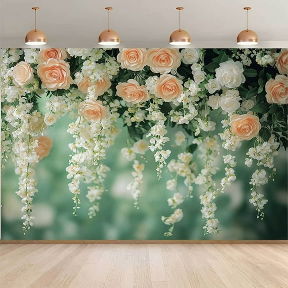 Romantic Floral Vine Wedding Backdrop Peach Roses White Wisteria Bridal Shower Photography Background Mint Green Grass Wall Engagement Wedding Party Decorations Banner Supplies Photo Booth Props