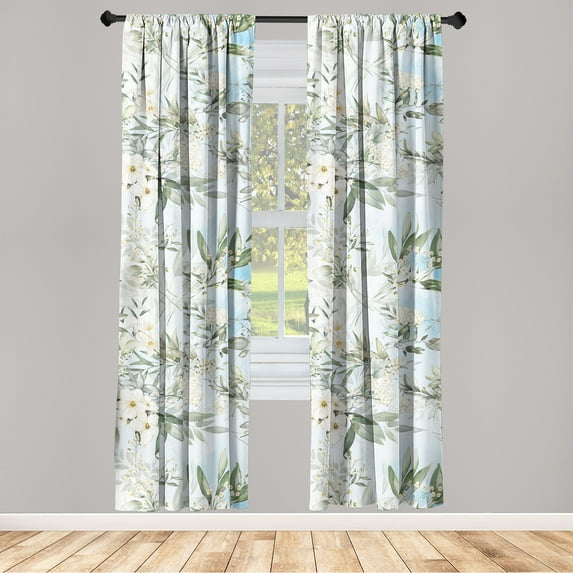 Romantic Floral Window Curtains, Asian Dreamy Cream Tone Flowers and Leaves Greenery on Sky Back, Lightweight Decor 2-Panel Set with Rod Pocket, Pair of - 28"x95", Laurel Green Pale Blue, by Ambesonne