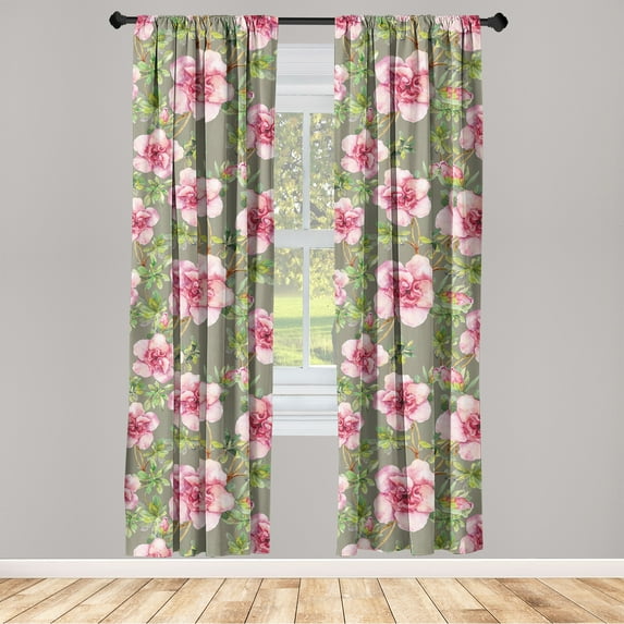 Romantic Floral Window Curtains, Asian Springtime Flowers Boho with Leaves Watercolor Style Print, Lightweight Decor 2-Panel Set with Rod Pocket, Pair of - 28"x84", Pale Pink Fern Green, by Ambesonne