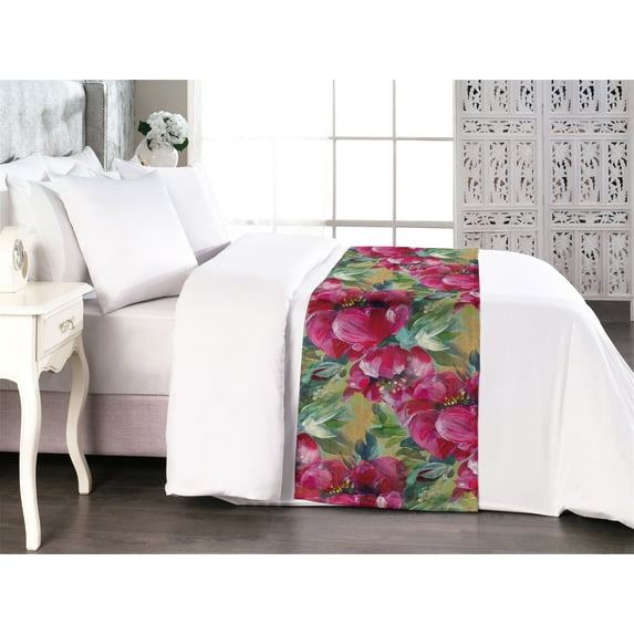 Romantic Flowers Bed Runner, Watercolor Style Delicate Floral Design with Meadow Leaves Art, Decorative Accent Bedding Scarf for Hotels Homes & Guest Rooms, King, Magenta Laurel Green, by Ambesonne