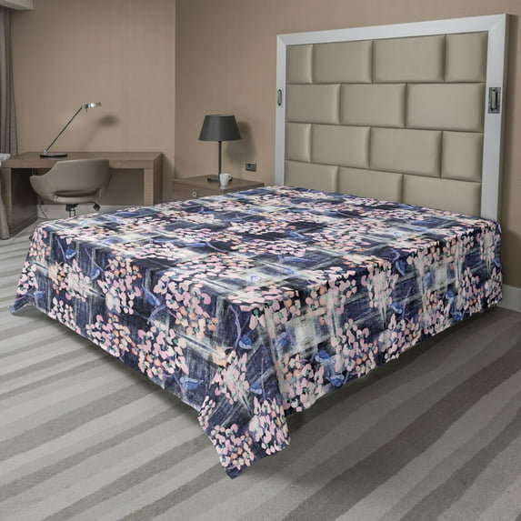 Ambesonne Romantic Flowers Flat Bedding Sheet Soft Top Sheet, Floral Grunge Art, Queen, Pale Pink and Dark Violet