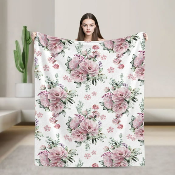 Romantic Flowers Pink Roses Blanket, Gifts for Men Women, Cozy Warm Flannel Throw Blankets for Home Decor Bed Couch 60"x50"