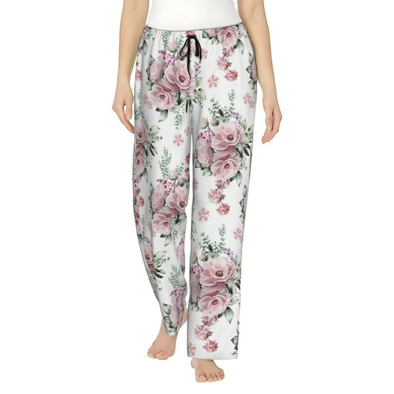 Romantic Flowers Pink Roses Women's Comfy Pajama Pants with Pockets,Soft Stretch Drawstring Lounge Pants, Soft Casual Wide Leg Pjs Sleep Bottoms