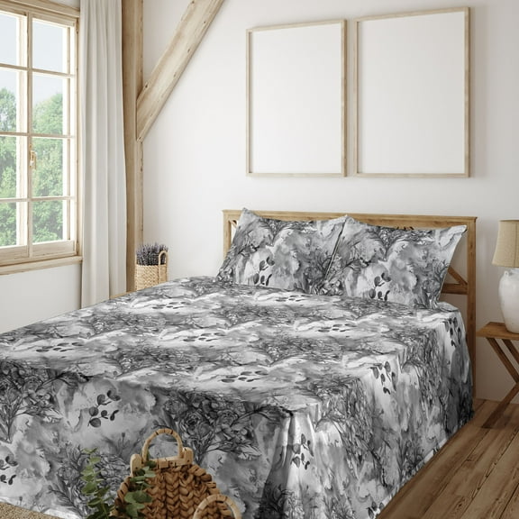Ambesonne Romantic Flowers Fitted & Flat Sheet with Shams 4 Pcs Set, Melancholic Floral, King, Charcoal Grey Off White