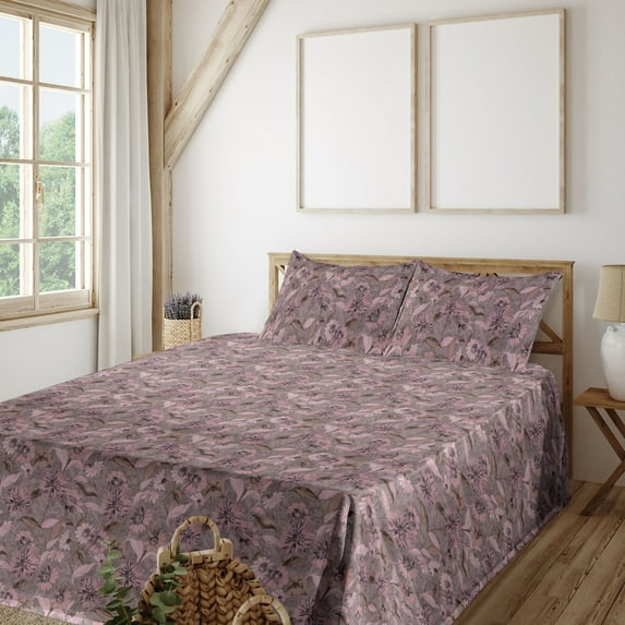 Ambesonne Romantic Flowers Fitted & Flat Sheet with Shams 4 Pcs Set, Nude Colors Floral, King, Pale Pink Grey Pink Rose