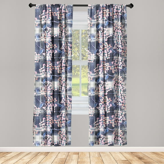 Romantic Flowers Window Curtains, Modern Grunge Vibes Japan Floral Boho Silhouettes Artwork, Lightweight Decor 2-Panel Set with Rod Pocket, Pair of - 28"x95", Pale Pink and Dark Violet, by Ambesonne