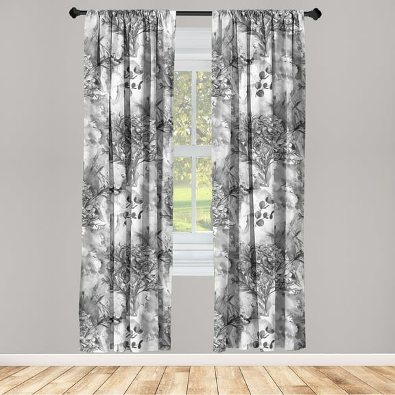 Romantic Flowers Window Curtains, Monochrome Melancholic Feels Floral Bouquet Pattern Artwork, Lightweight Decor 2-Panel Set with Rod Pocket, Pair of - 28"x84", Charcoal Grey Off White, by Ambesonne