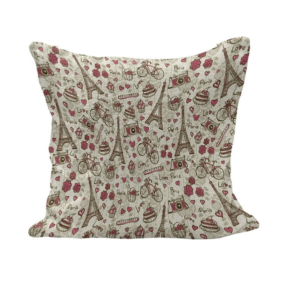 Romantic Fluffy Throw Pillow Cushion Cover, Europe French Paris Themed Eiffel Tower Bakery Letterings Hearts Art Print, Decorative Square Accent Pillow Case, 20" x 20", Magenta Cream, by Ambesonne