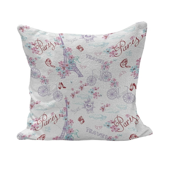 Romantic Fluffy Throw Pillow Cushion Cover, Vintage European Paris Eiffel Tower with Flowers Floral Swirls Art, Decorative Square Accent Pillow Case, 18" x 18", Pale Blue Pink and White, by Ambesonne
