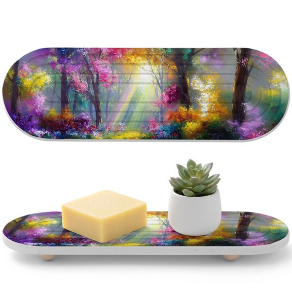 Romantic Forest Diatomaceous Earth Coasters, Sunbeams Colorful Nature Trees Dreamy Water Absorbent Diatomite Coaster, Bathroom Tray Stone Dish Drying Mat Kitchen Sink Tray 12x4in