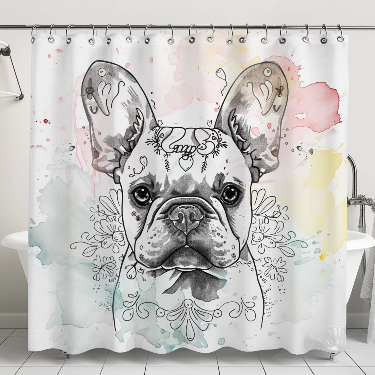 Romantic French Bulldog Shower Curtain with Detailed Ink Illustrations