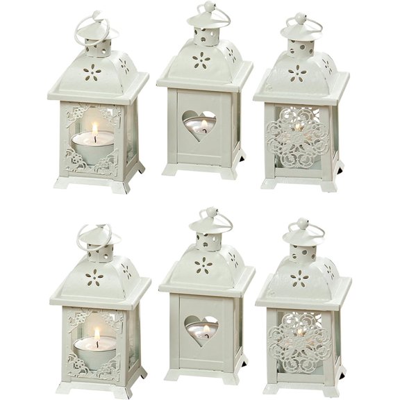Romantic French Country Style Hearts, Flowers and Lace, Candle Lanterns, Set of 6, for LED Tea Lights, 2 ¾ x 2 ¾ x 5 ½ Inches (7x7x14cm), Metal and Glass