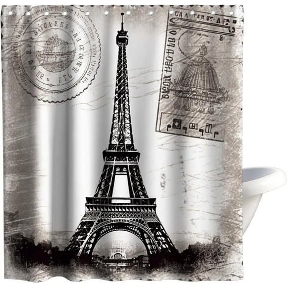 Romantic French Paris Eiffel Tower City of Love Retro Theme Fabric Black and White Shower Curtain Sets Bathroom&Toilet Decor with Hooks Waterproof Washable 72W x 84H inches