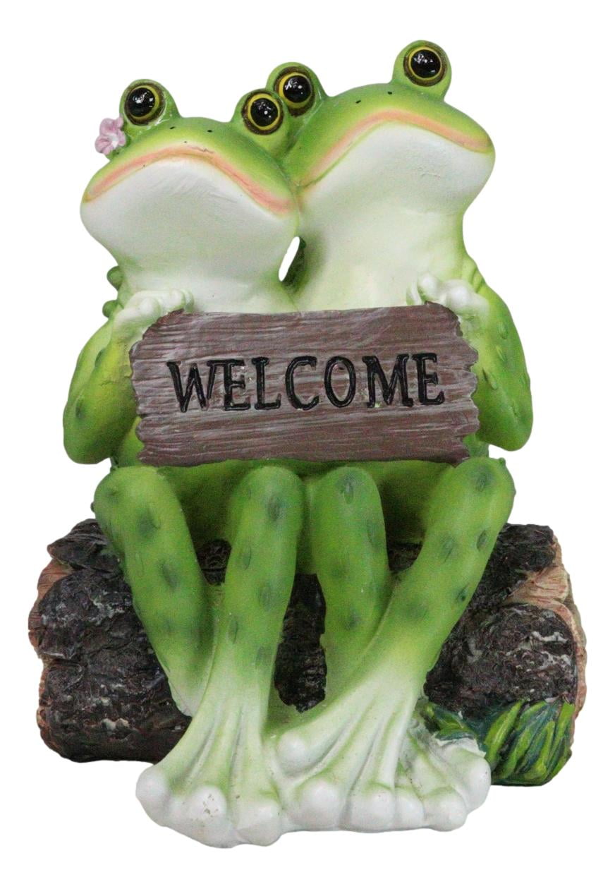 Romantic Frog Couple Sitting On Log Bench Holding Welcome Plank Sign ...