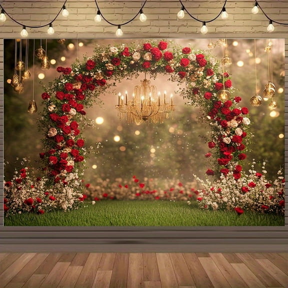 Romantic Garden Arch Wedding Backdrop Red Roses Greenery Bridal Shower Elegant Floral Bride to Be Engagement Valentine's Party Decorations Banner Supplies Photo Booth Props