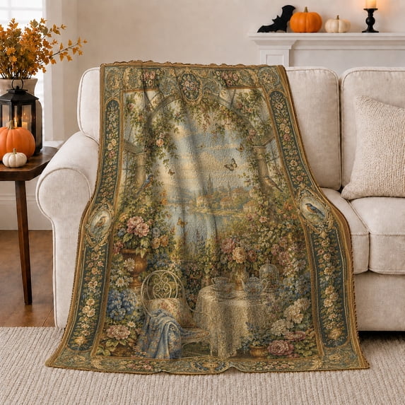 Romantic Garden Scene Through Weathered Stone Arch Nostalgic, Peaceful Bird Art Scene, Warm Flannel Blanket for Living Room and Reading Nook, Bird Lovers Friendship Gift, Artistic Home Decor