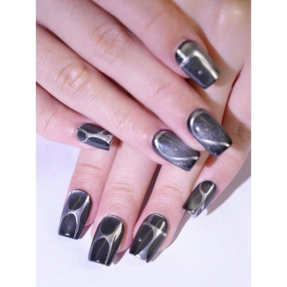[Romantic Gift] Unisex Black Press On Nails – Cat Eye Finish With Geometric Detailing
